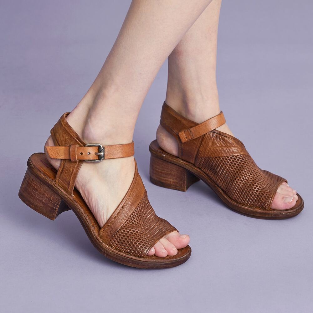 A.S.98 Keldon Block Heel Slingback Sandals Tan Womens Size 37 Bohemian Western